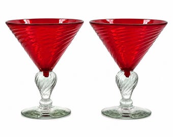 Vintage Ruby Red Margarita Glasses Set of 2 Hand Blown Art Glass 12 Oz