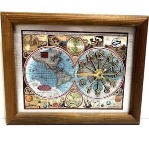 Horloge vintage carte du monde en or métallique, montre de collection rare à double cadre en bois hémisphère