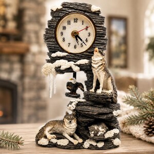May include: A decorative table clock featuring a round analog face with black numerals and hands, set into a dark gray rocky structure with white snow accents, icicles, a howling wolf, a perched bald eagle, and two resting wolves.