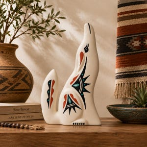 May include: A cream-colored ceramic coyote figurine in a howling pose, decorated with black, red, and teal geometric patterns. The stylized sculpture features a smooth finish and sits upright, showcasing sharp, angular painted details on its body.