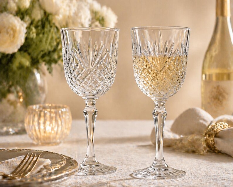 May include: Two crystal wine glasses with intricate diamond-cut patterns, one filled with a golden liquid. The glasses sit on a table with a floral arrangement and a lit candle in the background. A bottle of wine is also visible.
