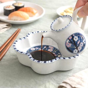Japanese Soy Sauce Dispenser Set Gift for Her Cherry Blossom Bowl