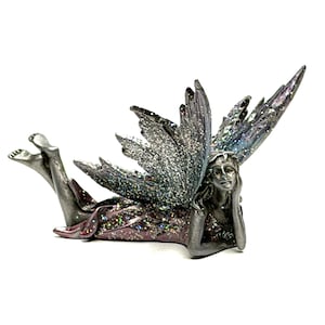 Fairy Figurine Pewter Finish Glitter & Rhinestone Wings 3" Reclining Pixie Fantasy