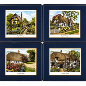 May include: Set of four navy blue placemats, each featuring a framed watercolor print of an English cottage. The prints showcase thatched-roof houses surrounded by gardens. The text "English Cottage" is printed at the bottom of each image.