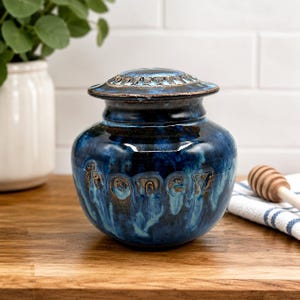 MudWorks Pottery Blue Honey Pot Stoneware Drip Glaze Kitchen Jar