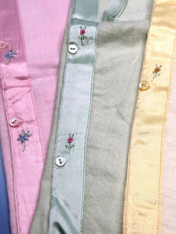 Vintage Handmade Baby After Bath Robes Set of 3 Long Infant Bed Coats Pink Yellow Green Hand Embroidered Cotton Flannel Satin View 3