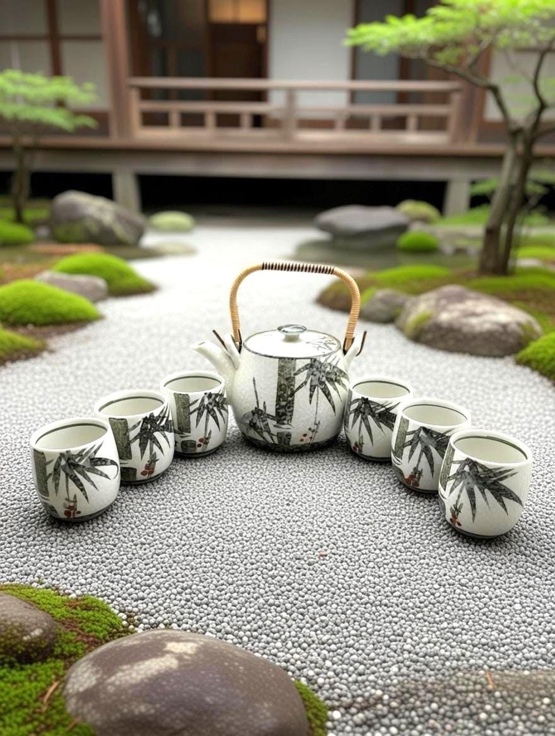 Japanese Stackable Tea Set Japanese Tea Set With Bamboo Design: Rattan Handle and 6 Cups - Etsy
