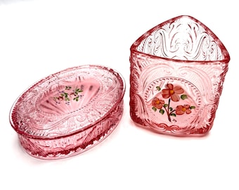 Vintage Pink Glass Vanity Decor Set Hand Painted Floral Trinket Box Cottagecore
