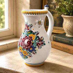 May include: A white ceramic pitcher featuring a hand-painted floral pattern in shades of red, yellow, blue, and green. The vessel has a curved handle, a flared rim with yellow accents, and a decorative cutout flower design near the top opening.