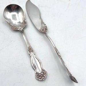 May include: A silver serving spoon and butter knife set. Both items have decorative floral patterns on the handles and edges. The spoon has a rounded bowl, and the knife has a curved blade. The set is made of a shiny, reflective metal, suitable for formal dining.