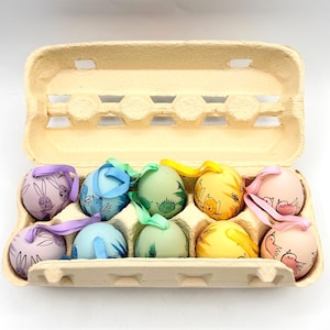 May include: An egg box containing eight decorated Easter eggs. The eggs are in pastel shades, each with a different design, including bunnies, birds, and cats. Each egg has a ribbon for hanging.
