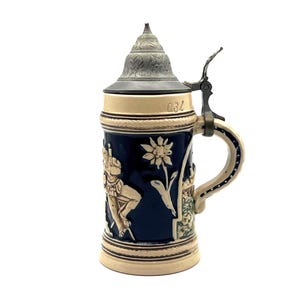 Vintage German Beer Stein with Pewter Lid - Wick- Werke Cobalt Blue High Relief Tankard - Collectible Barware, Oktoberfest Gift