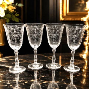 Vintage Fostoria Navarre Crystal Goblets Set of 4 Elegant Etched Floral Stemware