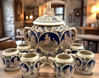 Antique German Castle Punch Bowl Gerz Stoneware Set Tureen Set of