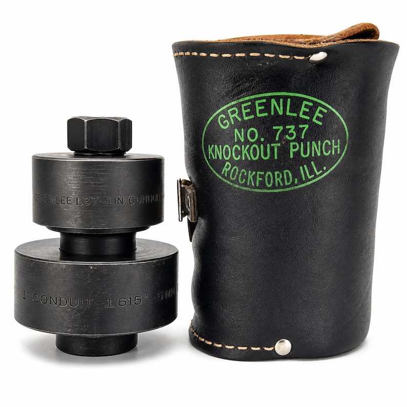 Pode incluir: Um conjunto de pun&ccedil;&otilde;es Greenlee n&ordm; 737 com uma bolsa de transporte em couro preto. O conjunto de pun&ccedil;&otilde;es inclui duas pe&ccedil;as de metal e uma porca sextavada. A bolsa tem um logotipo oval verde com o texto "GREENLEE NO. 737 KNOCKOUT PUNCH ROCKFORD, ILL."