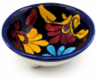 Mexican Ceramic Vintage Talavera Bowl, 4.25-Inch Footed Clay Pottery