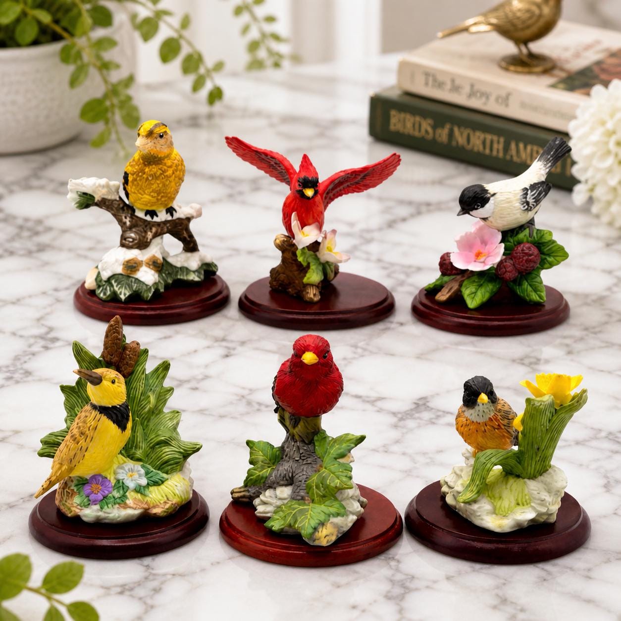 America's Favorite Songbirds Set of 6 Bird Figurines Wood Bases