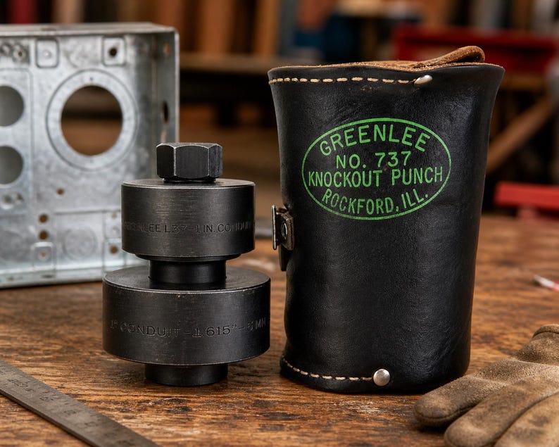 Pode incluir: Uma ferramenta de pun&ccedil;&atilde;o preta com uma porca sextavada e uma bolsa de couro. A ferramenta &eacute; rotulada como "GREENLEE NO. 737 KNOCKOUT PUNCH ROCKFORD, ILL." Projetada para trabalhos de condu&iacute;tes el&eacute;tricos. A bolsa &eacute; preta com um r&oacute;tulo verde.