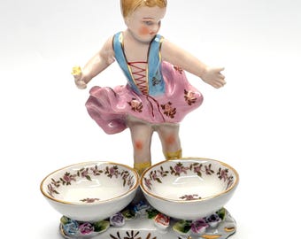 Vintage Porcelain Double Salt Cellar Dancing Ballerina Figurine Floral Gilt Vanity Trinket Holder