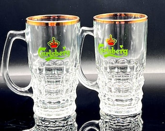 Vintage Carlsberg Beer Glasses Set Gold Rim Barware Mugs