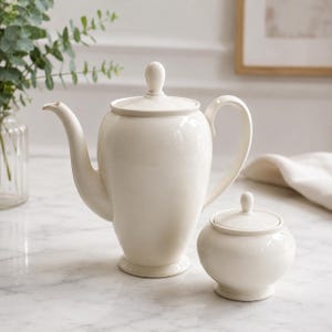 May include: Cream-colored ceramic tea set, including a tall teapot with a curved spout and handle, and a small sugar bowl with a lid. The set is placed on a marble surface, suggesting a refined aesthetic. The teapot is approximately 10 inches tall.