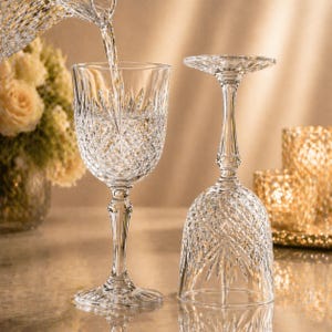 May include: Two crystal wine glasses with intricate cut patterns. One glass is upright, the other is inverted. Water is being poured into the upright glass. The background features a vase of flowers and decorative candle holders.