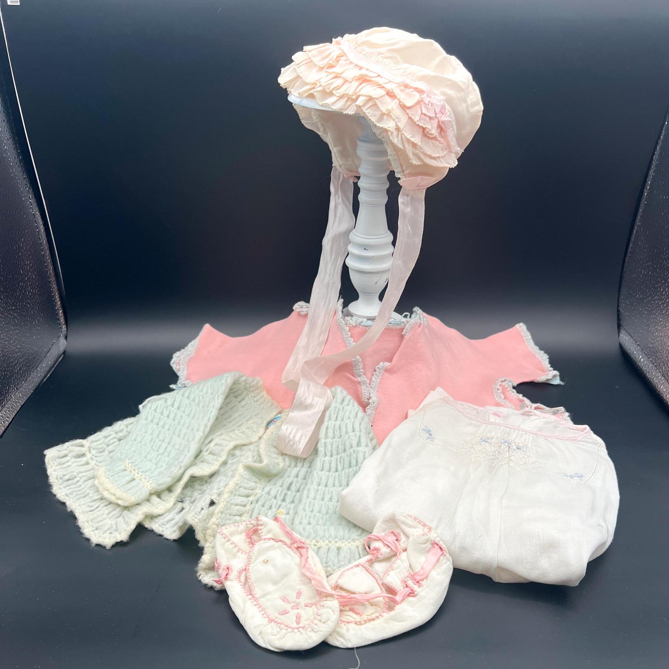 1930's Baby Clothes Lot - 5 Pieces - Sweater - Bed Jacket - Dress - Booties - Bonnet