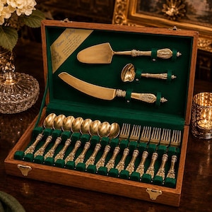 Vintage Flatware Set with Wood Display Box, Thai Dessert Serving Utensils