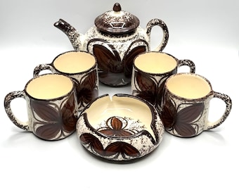 1970s Hawaii By Ele Tea Coffee Set: Brown Floral Mid Century Tropical Tiki Decor