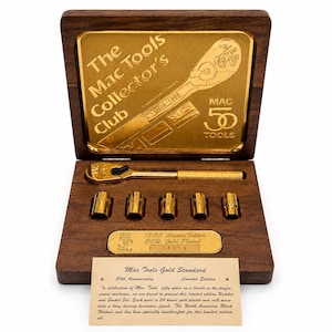 May include: A 24-karat gold-plated Mac Tools ratchet and five sockets set housed in a dark wood case. The lid features a gold plaque with The Mac Tools Collector's Club text. A gold plate displays 1988 Limited Edition and serial number 04054.