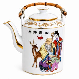 May include: White ceramic teapot with a bamboo handle and gold trim. The teapot features a colorful illustration of Asian figures and a deer. The handle is made of woven bamboo and metal. The teapot has a lid and a spout.