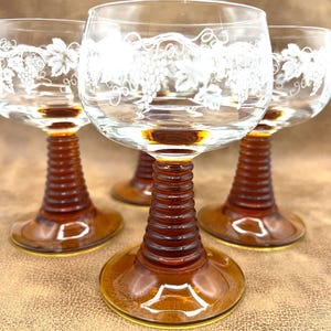 Vintage French Amber Wine Goblets - Cristal d&#39;Arques Ribbed Beehive Stem Set of 4 - Gift For Friend
