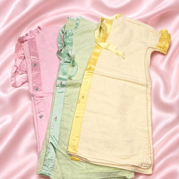 Vintage Handmade Baby After Bath Robes Set of 3 Long Infant Bed Coats Pink Yellow Green Hand Embroidered Cotton Flannel Satin