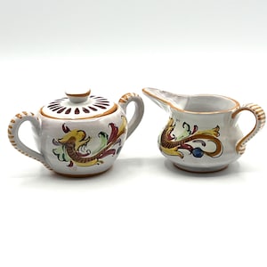 Vintage 1970s Italian Hand-Painted Sugar Bowl & Creamer Set - Signed Ceramic Tableware