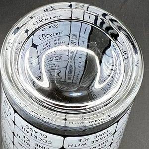May include: Clear glass cocktail shaker with a white and black label featuring cocktail recipes. The shaker has a wide mouth and a cylindrical body. The text on the label includes cocktail names and ingredient measurements.