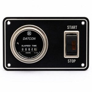 May include: Black rectangular panel with a circular gauge and a toggle switch. The gauge reads "ELAPSED TIME" and displays "00820 HOURS". The switch is labeled "START" and "STOP". The panel has mounting holes.