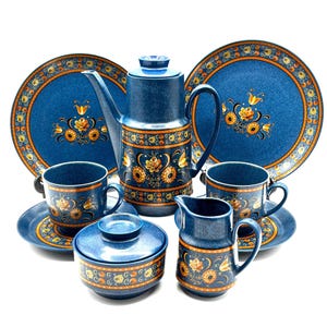 Vintage Tea and Coffee Set - Indian Blue Floral Set  - 10 Piece Ceramic Tableware Collection - Hostess Set for 2