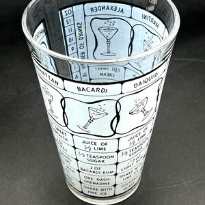 May include: A clear glass cocktail shaker with a black and white design. The shaker features cocktail recipes, including ingredients and instructions for drinks like the Manhattan and Daiquiri. The glass is cylindrical.