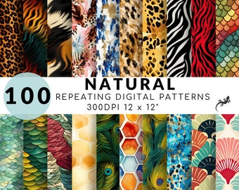 Pacchetto di 100 carte digitali con stampe animalier, carta digitale con leopardo, tigre, zebra, pesce e serpente, pacchetto di motivi digitali con animali e natura