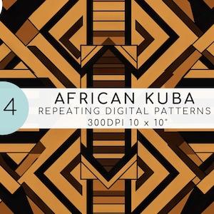 May include: A geometric pattern in shades of brown and black. The pattern is made up of repeating squares and triangles. The text "AFRICAN KUBA REPEATING DIGITAL PATTERNS 300DPI 10 x 10" is at the bottom of the image.