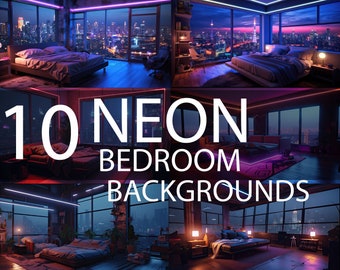 Neon Bedroom Vtuber Backgrounds Bundle, Stream Backgrounds, Twitch Background, Zoom Background, Virtual Background, Vtuber Rooms, Streaming
