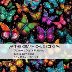 May include: A seamless digital pattern featuring a repeating design of colorful butterflies on a black background. The butterflies are in various shades of blue, green, purple, orange, and yellow. The pattern is 12 inches by 12 inches and has a resolution of 300 DPI.
