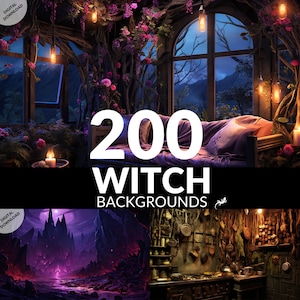 May include: A digital download of 200 witch-themed backgrounds. The image shows three different scenes: a cozy bedroom with a window, a dark and mysterious forest, and a kitchen with a variety of herbs and potions.