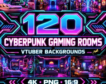 120 sfondi per sale giochi cyberpunk, pacchetto di sfondi VTuber in stile arcade neon, sfondi per streaming su Twitch, YouTube e Zoom, download digitale in 4K