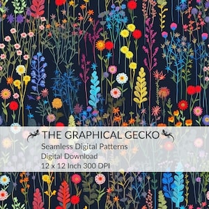 Motif numérique sans couture de broderie, motif sans couture de coucher de soleil floral, papier numérique de fleurs pressées, motif reproductible de fleurs sauvages, Oshibana
