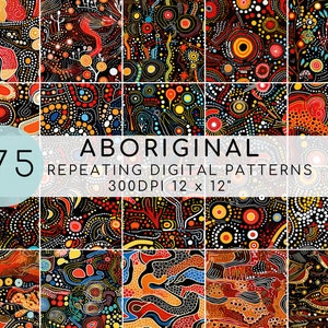 Può includere: 175 Motivi digitali aborigeni ripetitivi, 300 DPI 12 x 12" - Una collezione di motivi colorati e intricati ispirati all'arte aborigena. I motivi presentano punti, cerchi, linee e vortici in tonalità di rosso, giallo, blu e nero.