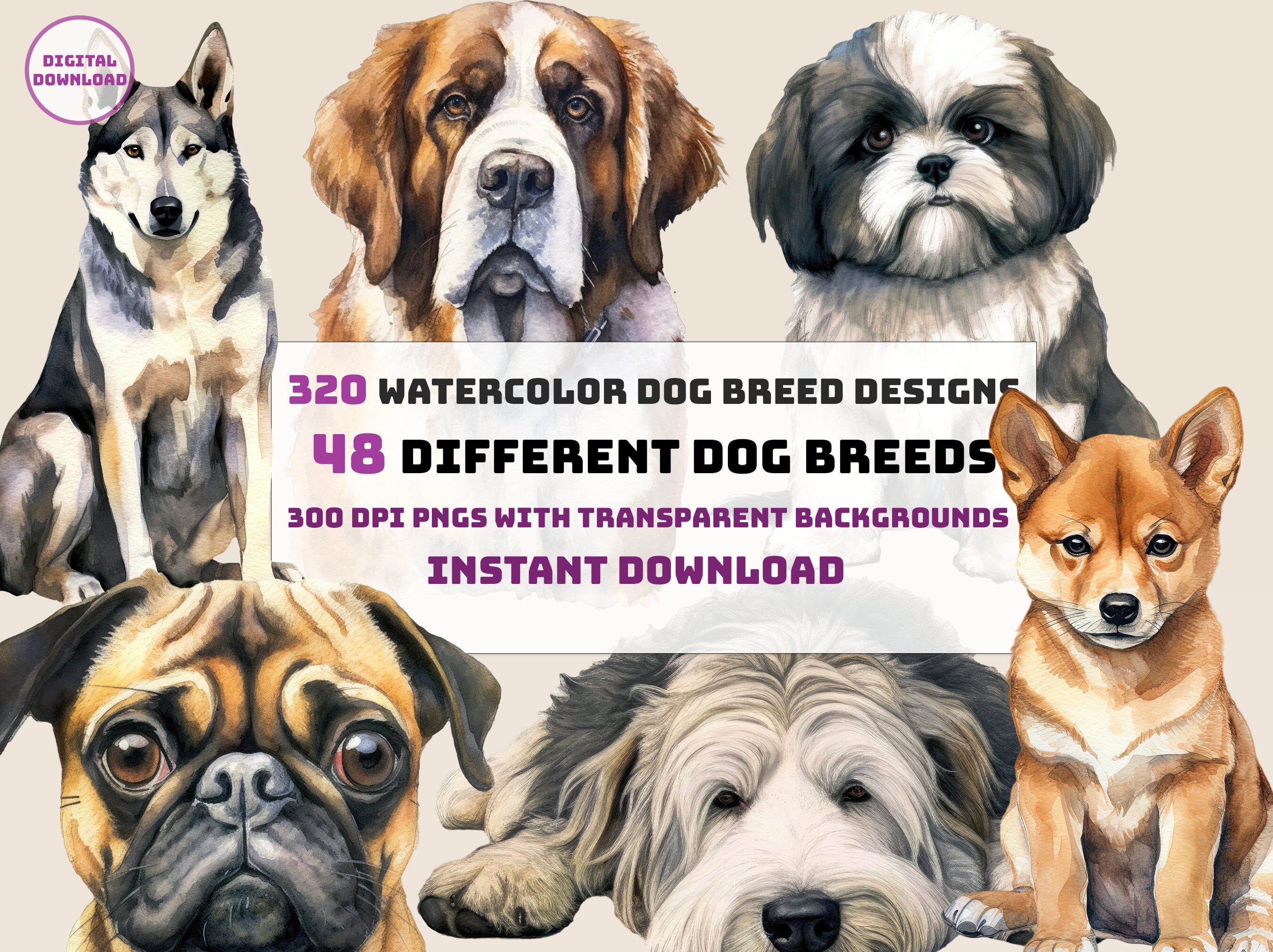 320 Watercolor Dog Clipart 48 Dog Breed PNG Bundle Dog - Etsy