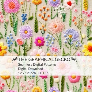 Borduurwerk naadloos digitaal patroon, Wildflower naadloos patroon, geperste bloemen herhaalbaar patroon, digitaal bloemenpapier, Oshibana-patroon