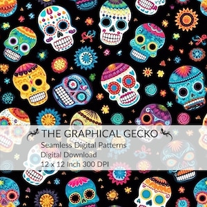 Puede incluir: Un patrón digital sin costuras con calaveras de azúcar coloridas sobre un fondo negro. Las calaveras están decoradas con flores y otros diseños. El patrón mide 30,48 cm por 30,48 cm y tiene una resolución de 300 DPI.