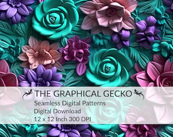 3D Flowers Seamless Digital Pattern, 3D Floral Seamless Pattern, Wildflower Repeatable Pattern, Floral Digital Paper, Digital Download